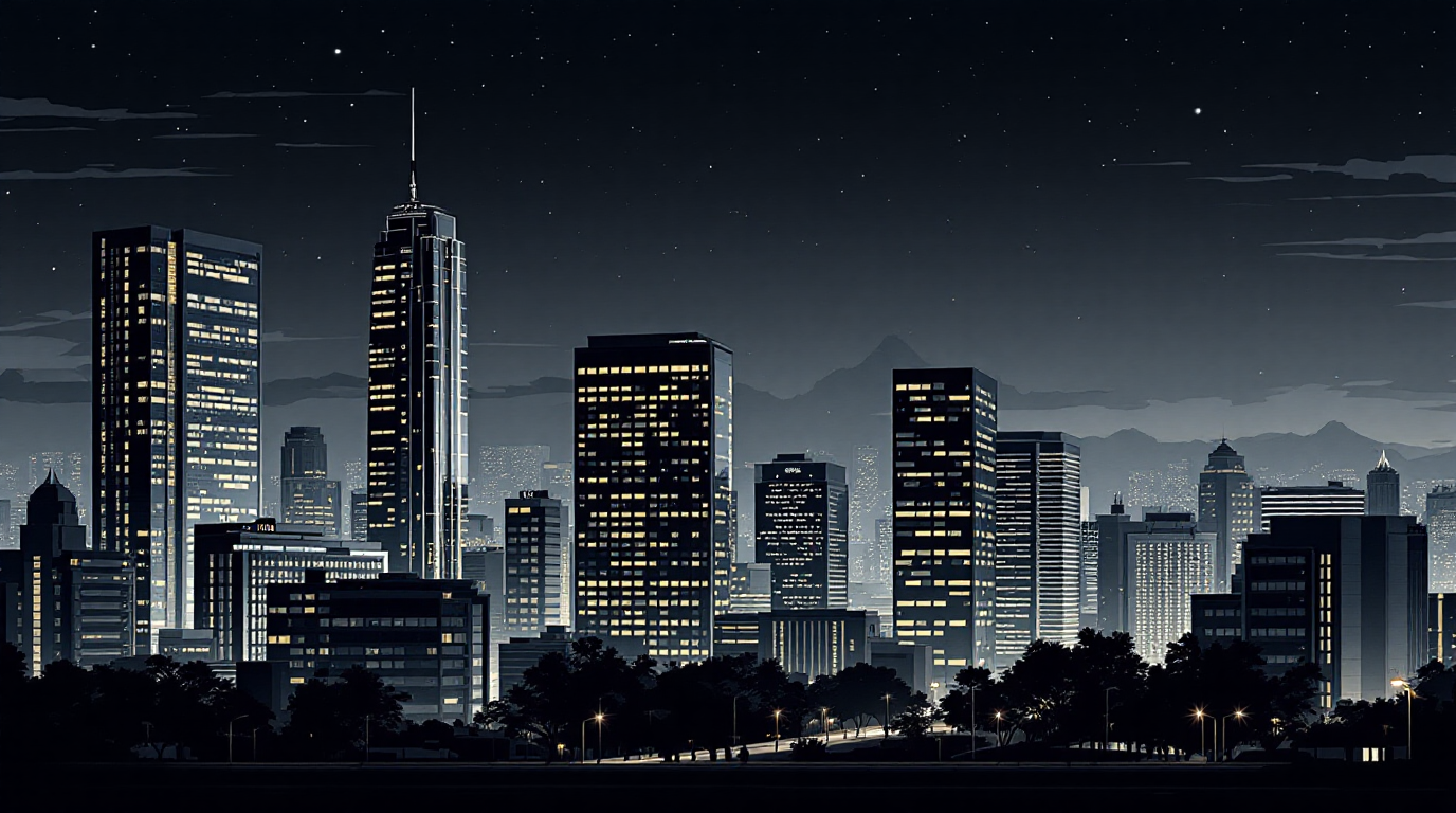 Night skyline of a Brazilian business district, lit high-rise towers above a tree-lined avenue with mountains behind.