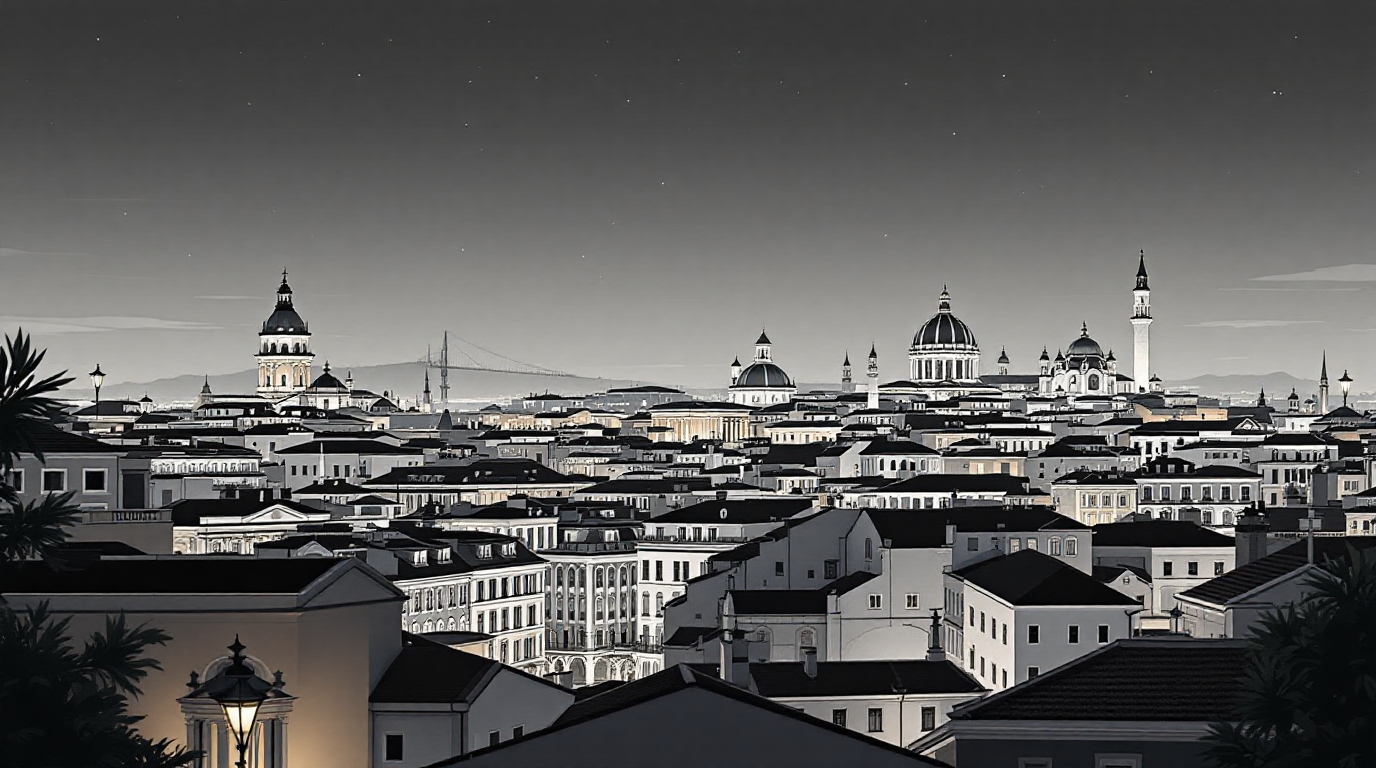 Lisbon rooftops at dusk, domes and church towers above tiled roofs with the Ponte 25 de Abril on the horizon.