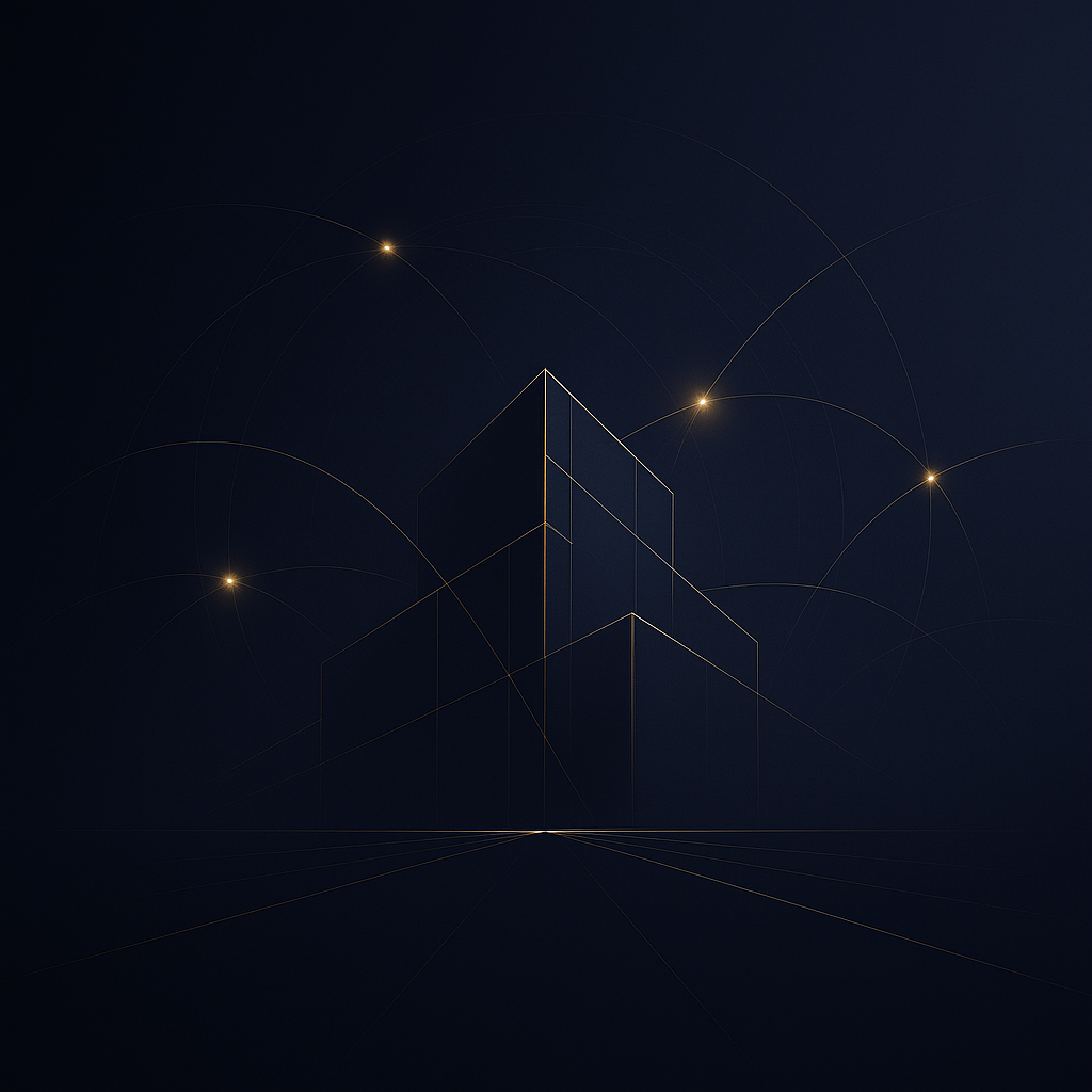 Gold line drawing of a tower rising from converging perspective lines on a deep navy field, crossed by network arcs.