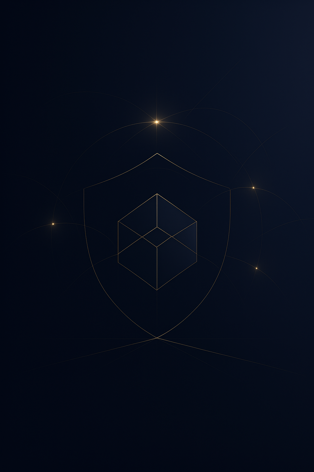 Gold line emblem of a shield enclosing an open cube, ringed by faint orbital arcs on a deep navy field.